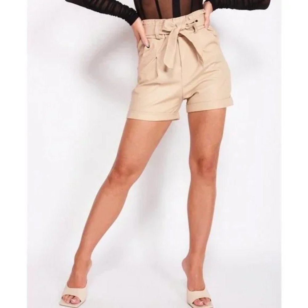 Beige Vegan Leather Faux Leather High Waist Cuffed Paper Bag Waist Shorts - Picture 5 of 17